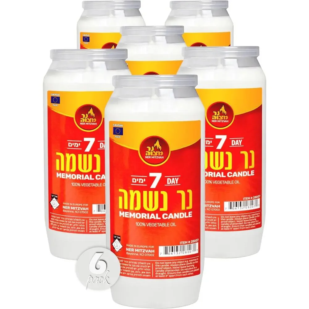 6 Pack  Ner Mitzvah 7 Day Yahrzeit Memorial Candle Unscented Kosher Oil